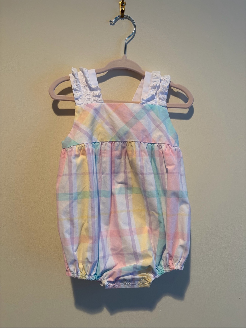 The Beaufort Bonnet Company Pastel Plaid Lace-Shoulder Bubble Romper